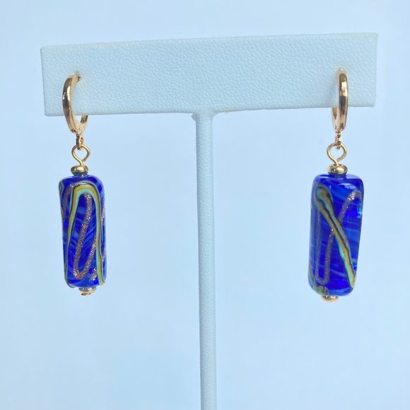Blue Art Glass Earrings, Handmade, Mod Artisan Murano Glass Earrings - Picture 3 of 7